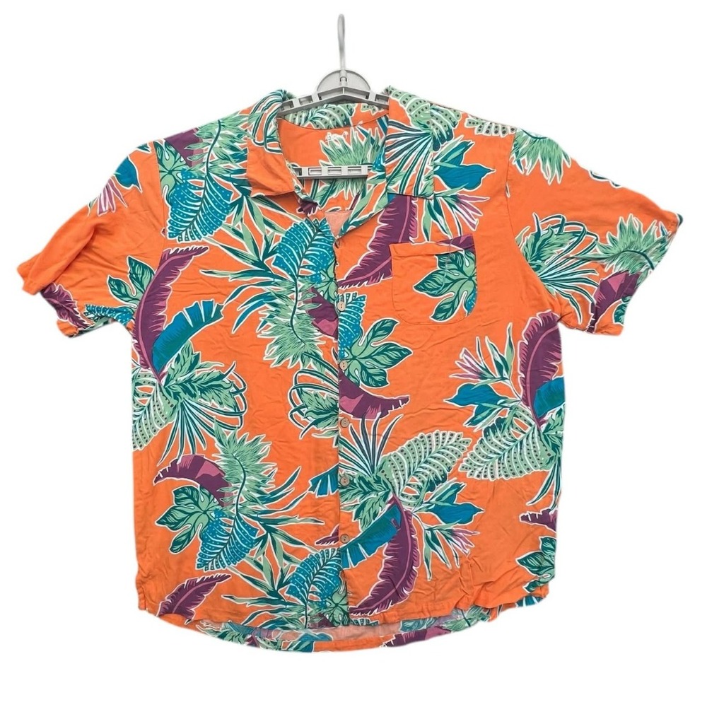 KS Island‎ Orange Tropical Floral Print Short Sleeve Button Up Shirt Men 3XL